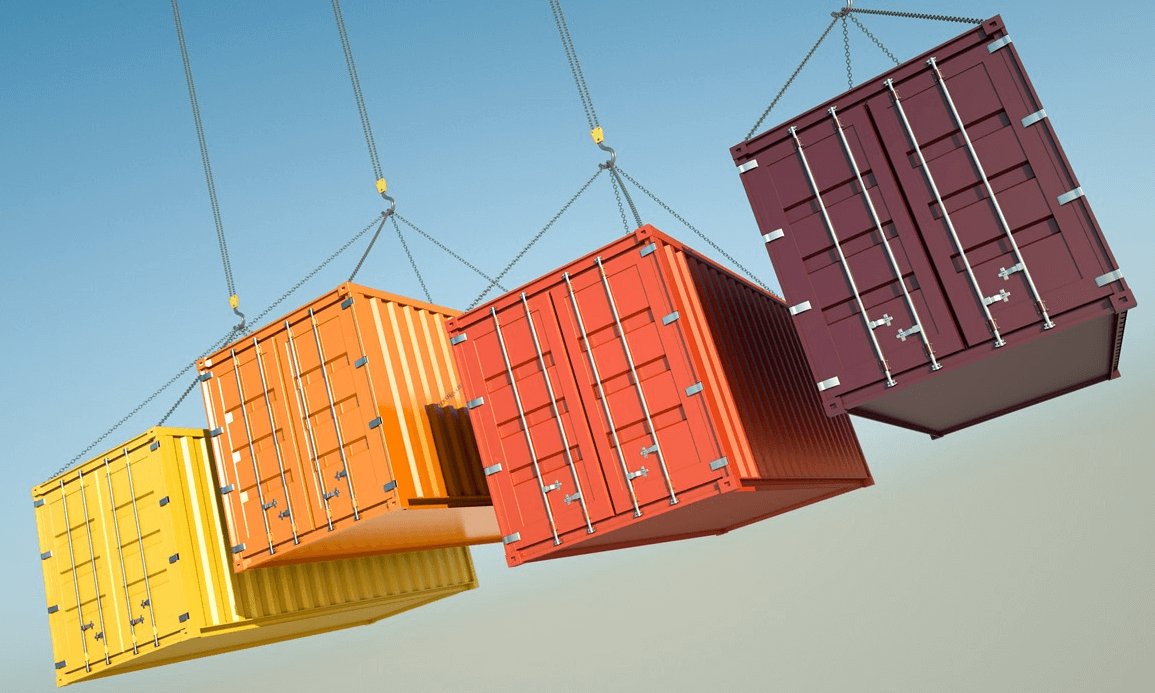 Containers hanging from a crane